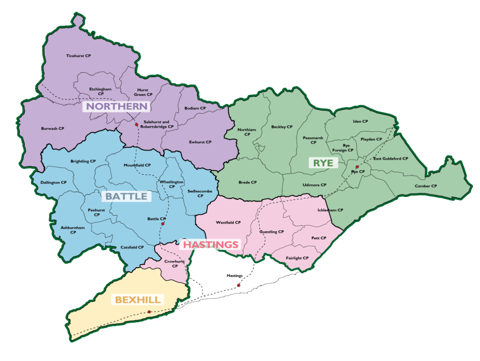 A map of Rother District split into the five sub-areas of the Development Strategy