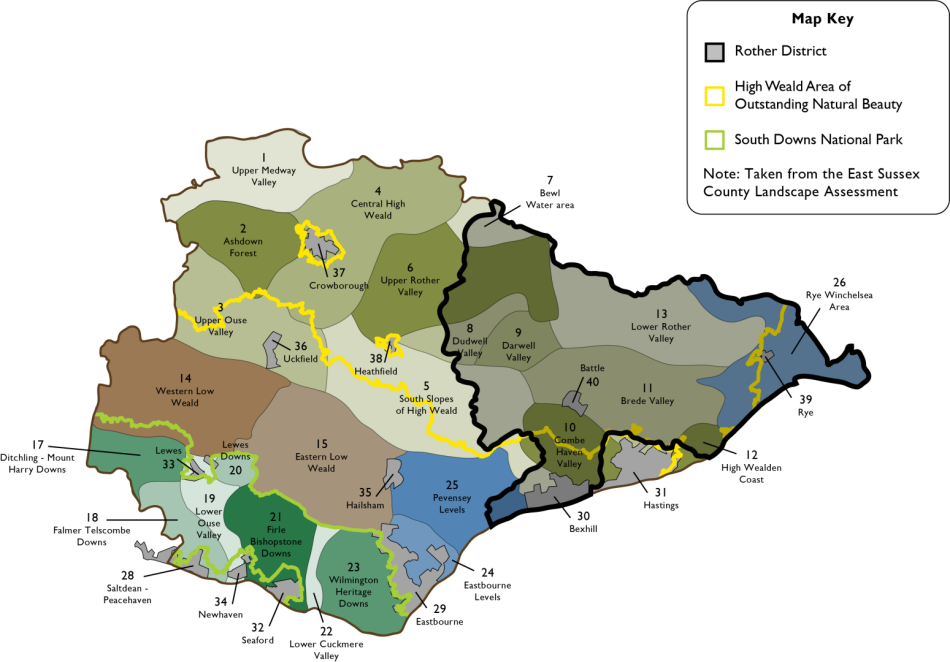 Map showing Local Landscape Character Areas in Rother and the surrounding area