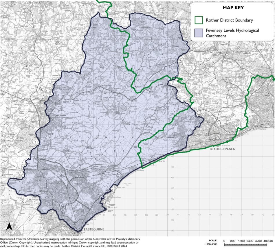 A map showing the hydrological catchment area for the Pevensey Levels.