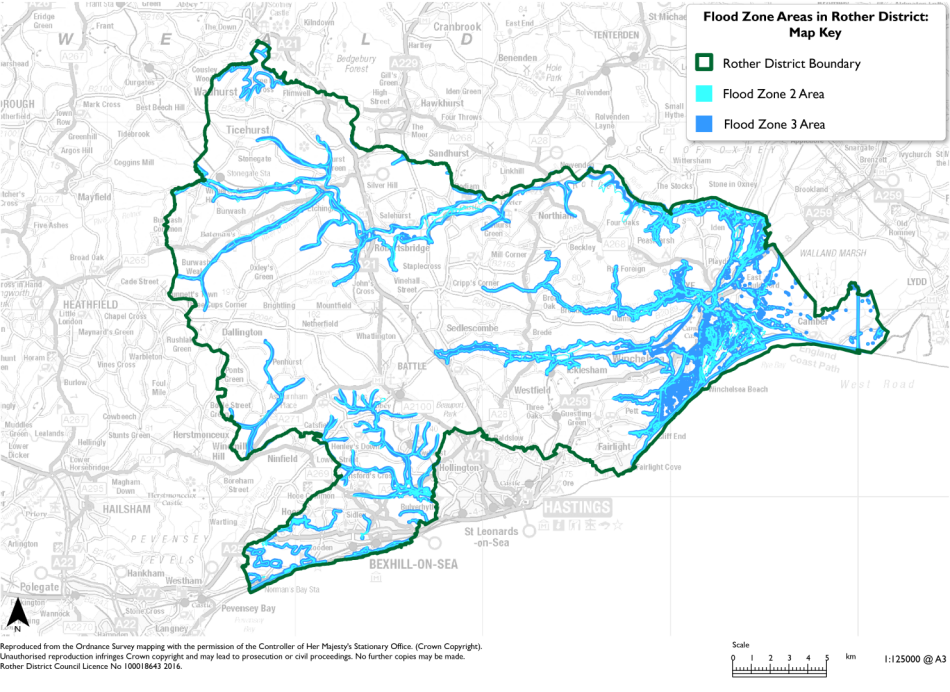 A map of Rother District showing Flood Zone 2 and 3 Areas