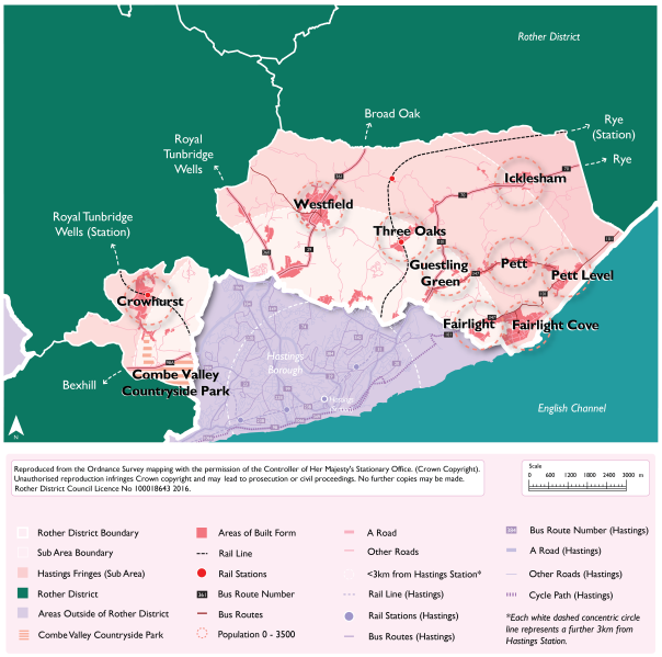 Map showing Hastings Fringes and radially connected settlements