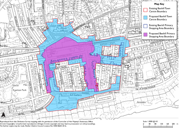 Map showing Bexhill Town Centre and Primary Shopping Area