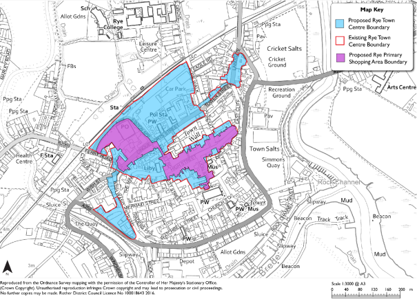 Map showing Rye Town Centre and Primary Shopping Area