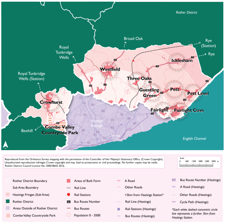 Figure 19: Southern Rother and the Hastings Fringes, showing radially connected settlements to Hastings