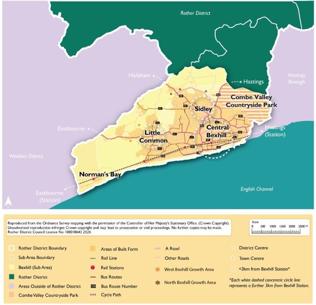 Map shows Bexhill-on-Sea area, East Sussex, highlighting boundaries, built-up areas, transport routes, and Combe Valley Countryside Park. Labels mark Sidley, Little Common, Norman’s Bay, Central Bexhill, rail stations, bus routes, district and town centres, with Roth­er District green and English Channel turquoise.
