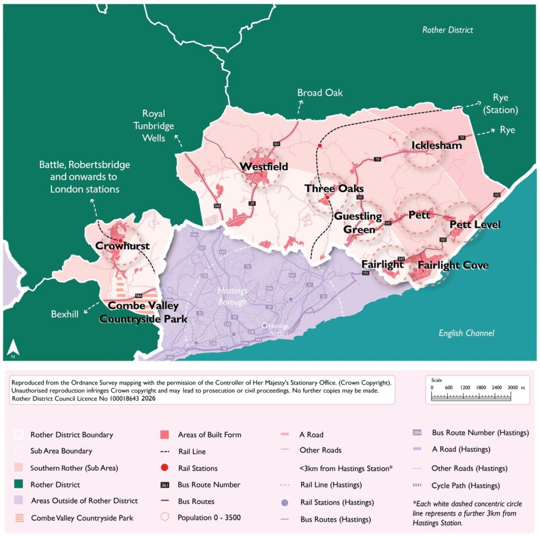 Map showing transport networks, settlements, administrative boundaries, and built-up areas across Hastings, Rother District, and East Sussex coastal communities. Pink shading marks built form, purple shading marks Hastings Borough, green marks Rother District, and labels identify Hastings, Bexhill, Rye, Battle, rail lines, stations, bus routes, roads, population circles, and a 3-km Hastings station access zone.

