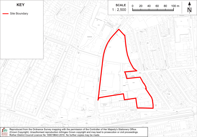 Policy BX5 site-location map showing an irregular proposed development site within a detailed urban street and building plan. Red boundary outlines site; map includes 1:2,500 scale bar, north arrow, key, surrounding roads, buildings, and topographic details