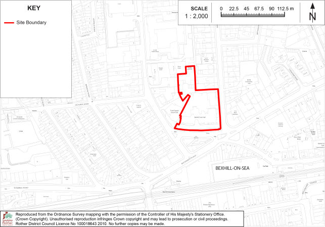 Policy BX6 site-location map showing red-outlined site boundary within Bexhill-on-Sea urban area over the Town Hall. Key identifies boundary, with 1:2,000 scale bar and north arrow providing map orientation and distance reference.