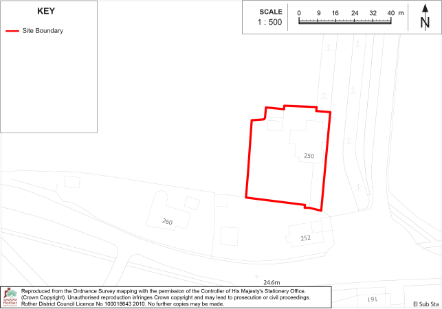 BX41 Site-location map outlines a proposed site boundary within a surveyed area. Red polygon marks boundary, with surrounding buildings, roads, contour lines, north arrow, key, and 1:500 scale bar; nearby labels include 200, 250, and 252.

