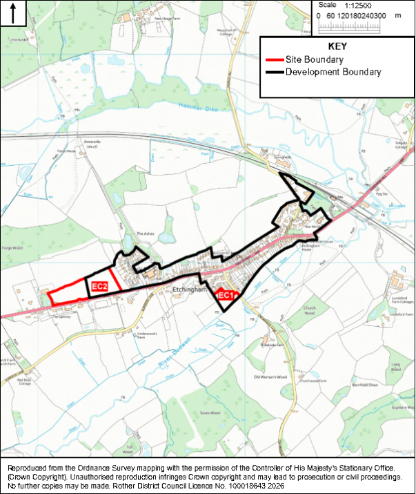 Ordnance Survey location map showing proposed development boundaries around Etchingham, with site areas labeled EC1 and EC2. Red outlines mark site boundaries, black outlines mark development boundaries, and surrounding roads, waterways, villages, and green spaces provide geographic context at 1:12,500 scale.

