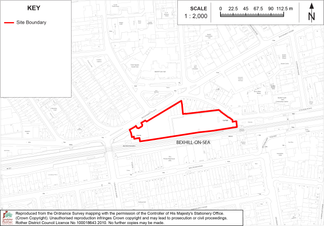 Policy BX7 Site-location map showing a proposed site boundary within Bexhill-on-Sea, overlaid on a detailed street and property plan. Red outline marks site extent, with key, 1:2,000 scale bar, north arrow, surrounding roads, buildings, and railway corridor labeled.
