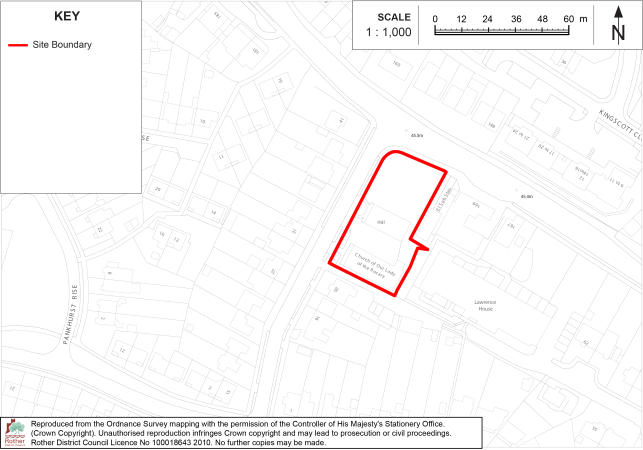 BX42 Site-location map showing a proposed site boundary within a residential neighborhood. Red outlined polygon marks site extent, with surrounding streets and property footprints, plus key, 1:1,000 scale bar, and north arrow.

