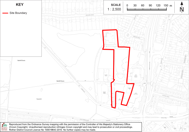 Policy BX8 Site-boundary map showing a long, irregular development area outlined in red within an urban neighborhood and adjoining open land. Map includes key, street and property outlines, 1:2,500 scale bar, north arrow, and Ordnance Survey attribution.

