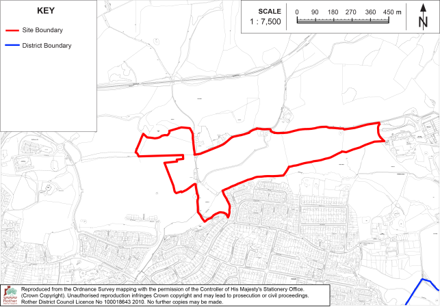 BX43 Site-boundary map showing a large irregular red-outlined site overlaid on a detailed topographic and urban base map. Legend identifies red Site Boundary and blue District Boundary, with 1:7,500 scale bar and north arrow; blue boundary segment appears at lower-right edge.

