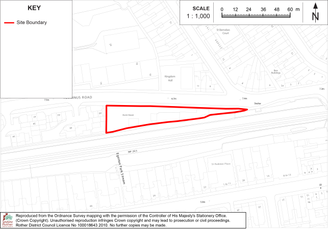 Policy BX9 Site-location map showing a proposed elongated site boundary outlined in red within a built-up area. Scale 1:1,000, north arrow, metric scale bar, surrounding streets, and building footprints provide geographic orientation.