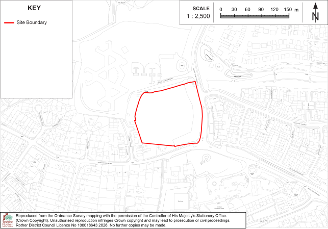 BX44 Site location map showing a red-outlined development boundary within a dense urban residential area. Map includes key, north arrow, 1:2,500 scale bar, surrounding roads, buildings, and land features.


