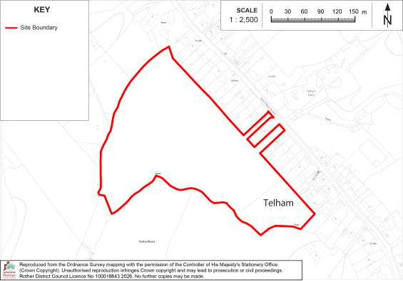 BT9 Site-boundary map showing a proposed site near Tellham, with surrounding roads, buildings, fields, and terrain contours. Red outline marks site boundary; key, north arrow, and 1:2,500 scale bar provide map orientation and measurement context.


