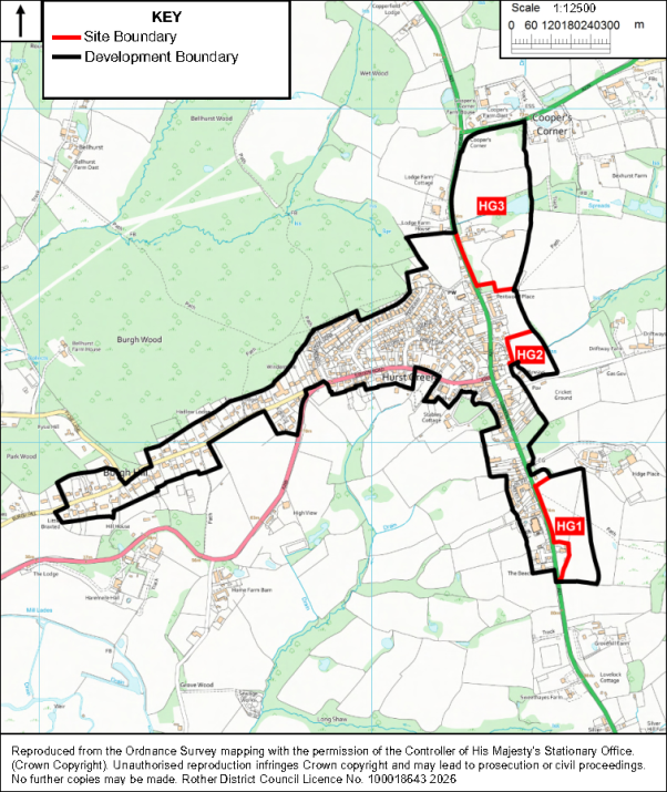 Map showing proposed housing growth areas and development boundary around Hurst Green, with roads, woodland, fields, waterways, and nearby villages labeled. Red site boundaries identify HG1, HG2, and HG3 along eastern corridor, while a black outline marks broader development boundary; scale bar and key appear at top.

