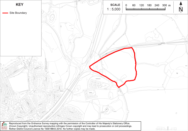 BX45 Site-location map outlines a large irregular site boundary in red within a rural area beside roads, contours, and nearby urban development. Map includes key, 1:5,000 scale bar, north arrow, and Ordnance Survey attribution.

