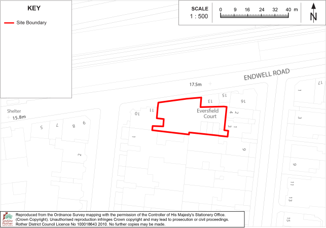 Policy BX11 Site-location map showing a proposed site boundary within a residential area near Endwell Road and Eversfield Court. Red outline marks an irregular parcel labeled 17.5m; north arrow, 1:500 scale bar, street labels, building footprints, and key identify site boundary.

