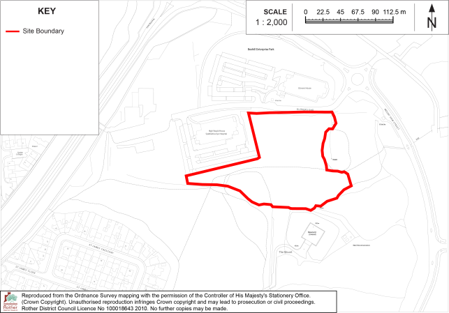 BX46 Site-boundary map showing red outlined development area within a detailed topographic and road layout. Key includes red Site Boundary, north arrow, and 1:2,000 scale bar; surrounding features include buildings, streets, contours, and a roundabout.

