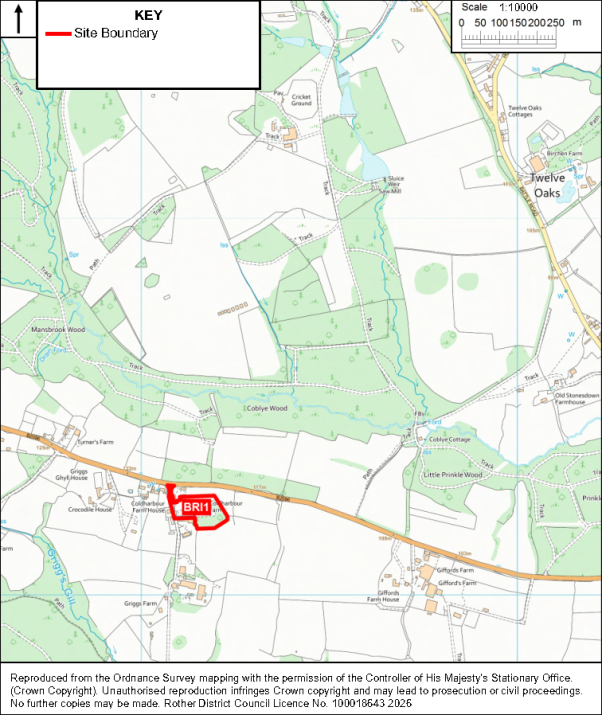 Ordnance Survey location map showing Brightling for planning or development review. Red outlined and labeled BR1 marks site boundary south of Colbey Wood, with roads, fields, woodland, streams, settlements, landmarks, key, and 1:10,000 scale bar.
