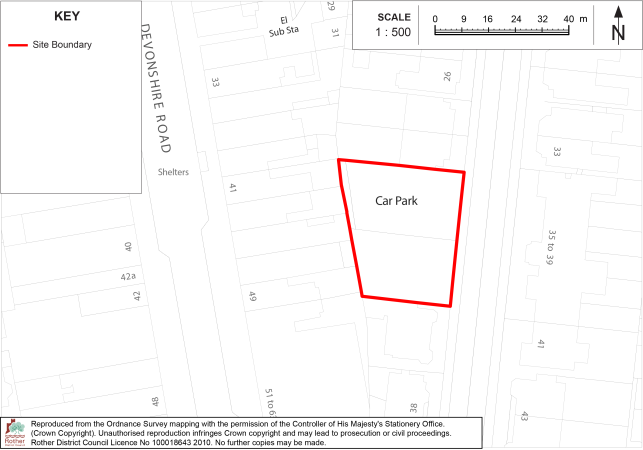 Policy BX12 Site-location map showing a proposed car park site outlined in red beside Devonshire Road. Map includes surrounding property footprints, street labels, north arrow, key, and 1:500 scale bar.

