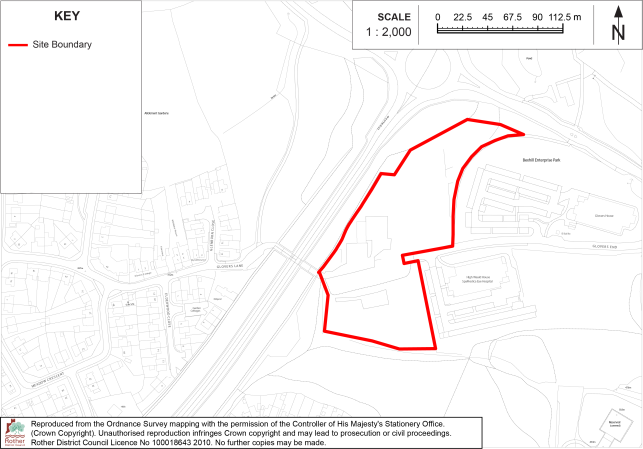 BX47 Site-location map showing a red Site Boundary around developed and undeveloped land beside roads and buildings. Ordnance Survey base mapping includes north arrow, 1:2,000 scale bar, KEY, and surrounding topographic features.
