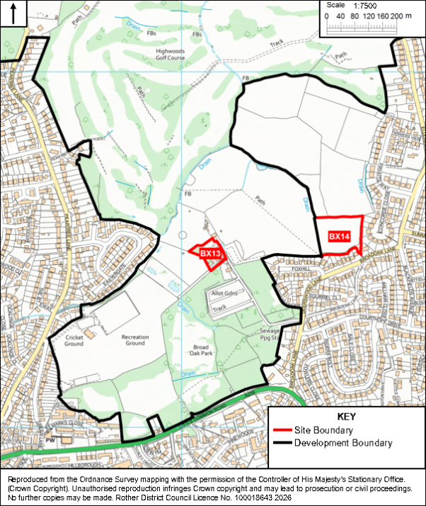 Planning map showing proposed development boundaries within the Bexhill suburban area, with sites BX13 and BX14 marked in red near parks, recreation grounds, housing, and Highwoods Golf Course. Black outlines indicate wider development boundary, while labels, roads, water features, north arrow, and 0–200-meter scale provide geographic context.

