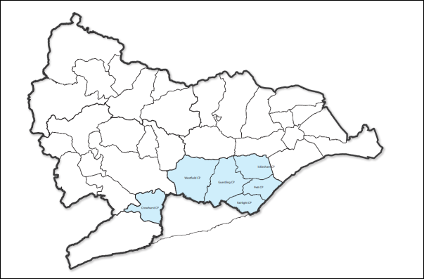 Map of Rother District highlighting the Southern Rother and Hastings Fringes sub area