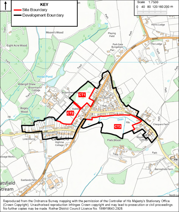 Planning map outlines proposed development sites CT1, CT2, and CT3 near a village, with red Site Boundary and black Development Boundary lines. Labels show surrounding roads, homes, woods, ponds, farms, and facilities, with a 1:7,500 scale bar and Ordnance Survey copyright notice.
