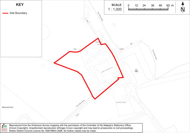 Policy BX13 site-location map shows a red Site Boundary enclosing buildings and access areas within a developed roadside setting. Key, 1:1,000 scale bar, north arrow, surrounding roads, labels, and nearby public footpath support planning and orientation.

