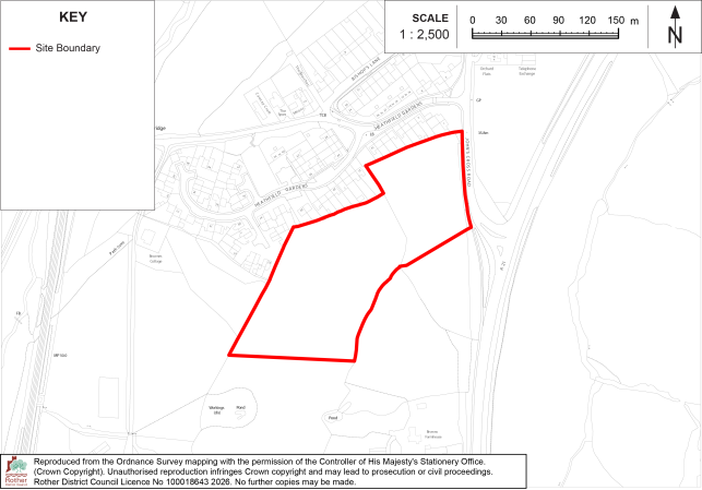 RB1 Site-location map shows proposed development area within surrounding roads, buildings, and open land. Red boundary marks irregular site perimeter, with north arrow and 1:2,500 scale bar providing orientation and distance reference.

