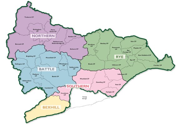 Colour-coded map shows the district divided into the sub areas of Northern, Rye, Battle, Southern, and Bexhill sub- areas. Purple, green, blue, pink, and yellow zones contain smaller labeled CP units, outlining boundaries and sub-area groupings.