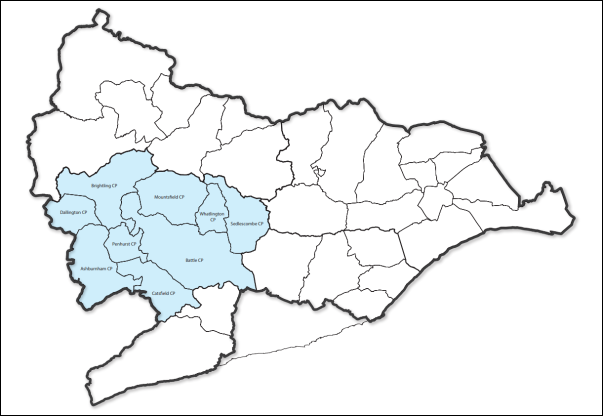 Map of Rother District highlighting Battle and Surrounding Settlements sub-area