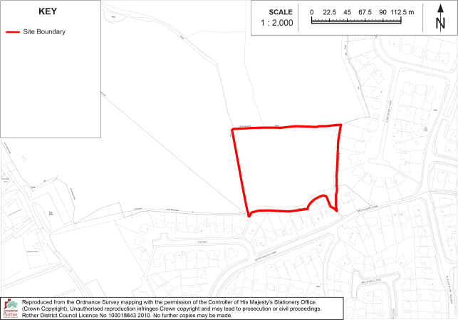 Policy BX14 Site location map showing a proposed area within a surrounding residential and road network. Red outline marks site boundary, with key, 1:2,000 scale bar, north arrow, and Ordnance Survey base mapping.

