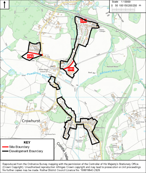Planning map shows proposed development areas around Crowhurst, East Sussex, labeled CR1, CR2, and CR3. Red lines mark site boundaries, black outlines mark development boundaries, with roads, buildings, waterways, fields, scale bar, north arrow, and Ordnance Survey copyright notice.