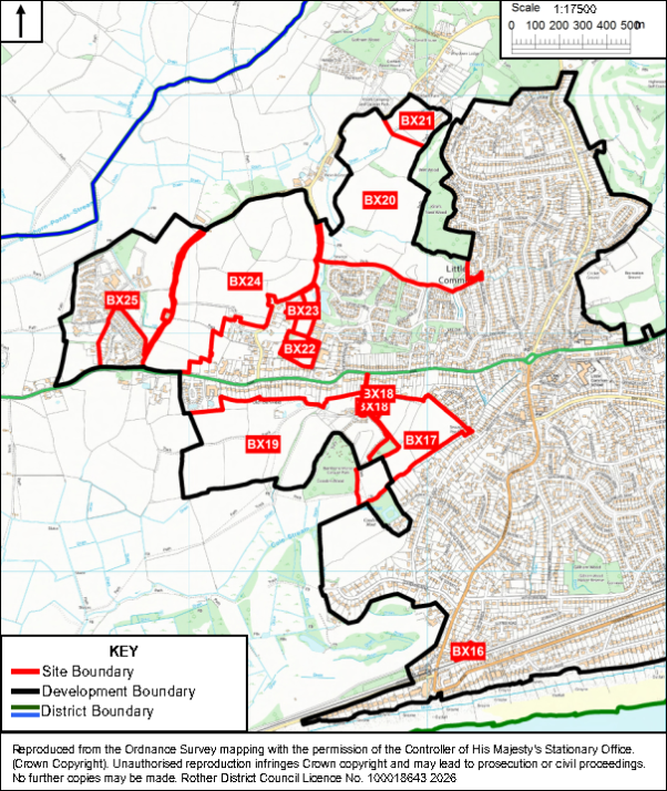 Annotated planning map shows proposed site and development boundaries across West Bexhill Growth area, with labeled zones BX16–BX25. Red lines mark site boundaries, black lines mark development boundaries, blue and green lines mark district boundaries, and map includes north arrow, scale bar, roads, waterways, and built-up areas.


