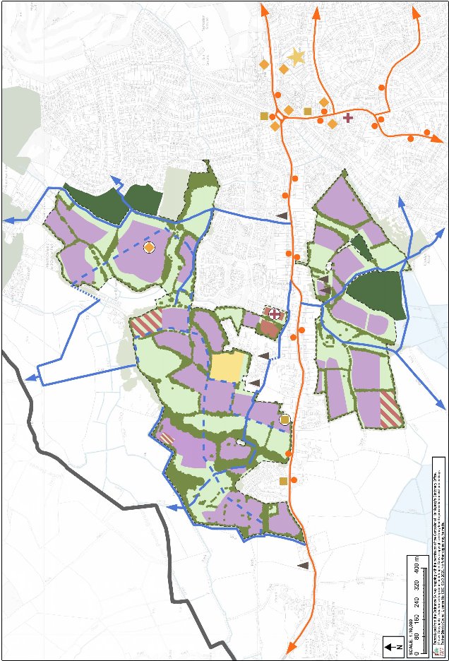 Urban planning map showing proposed land-use zones, transportation corridors, and development areas within a large district. Green, purple, yellow, and hatched parcels occupy central and southern sectors, while orange east–west routes, blue directional arrows, black boundary lines, and star markers highlight major connections and landmarks.


