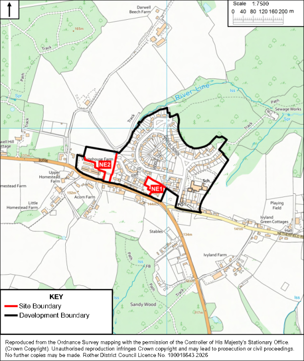 Ordnance Survey location map showing proposed development site near River Lyne, Sewage Works, and surrounding farms and residential streets of Netherfield. Red outline marks site boundary, black outline marks development boundary, with NE1 and NE2 labels, north arrow, scale bar, roads, watercourses, and land-use features.
