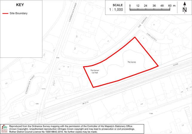 BX16 Site-location map showing a proposed site boundary within The Gorges Car Park and surrounding streets, buildings, and railway lines. Red polygon marks site area; map includes key, 1:1,000 scale bar, north arrow, road labels, and Ordnance Survey attribution.

