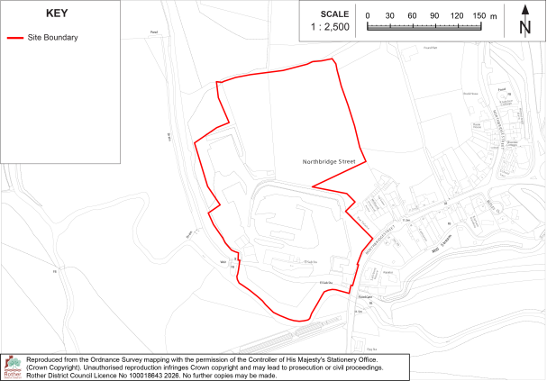 RB5 Site location map showing a proposed development boundary around buildings, open land, and access routes near Northbridge Street. Red outline marks site boundary, with grayscale topographic detail, 1:2,500 scale bar, north arrow, and location key.

