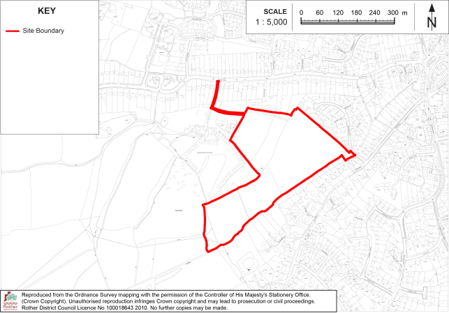 BX17 Site-location map shows a proposed site boundary within an urban and open-land area. Red outline, grayscale roads and buildings, key, 1:5,000 scale bar, and north arrow provide geographic context.


