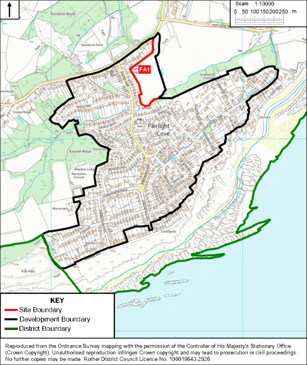 Planning map showing Fairlight Cove development area, site boundary, and district boundary. Black line outlines development boundary, red FA1 site boundary marks northern parcel, and green district boundary follows surrounding coastline and woodland.