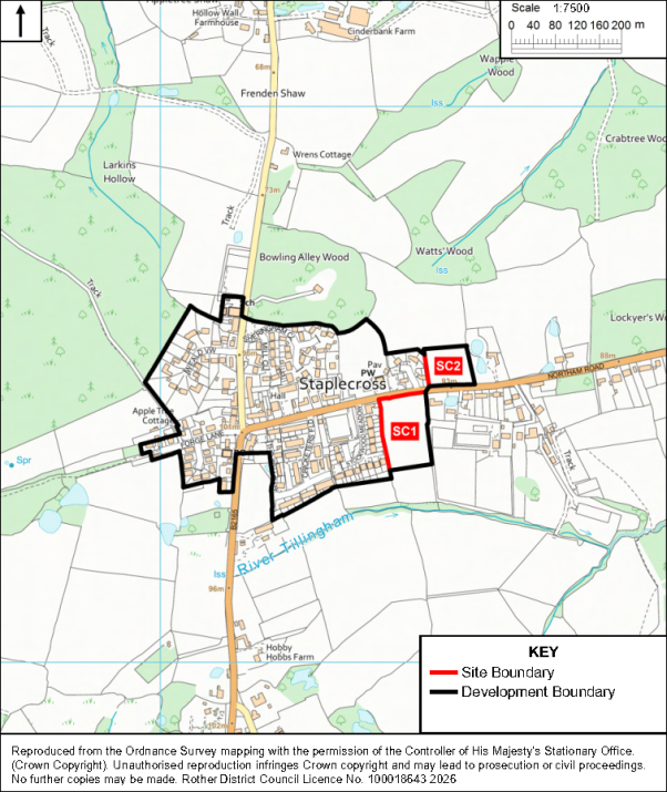 Map showing proposed development sites around Staplecross, with site boundaries and development boundary outlined for planning context. Red outlines identify SC1 and SC2, black line marks development boundary, River Rother runs south, and legend, north arrow, and 1:7,500 scale provide map references.
