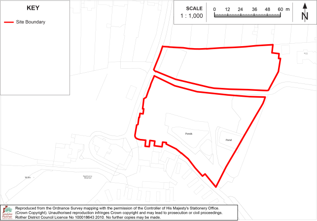 BX18 Site-location map showing a red-outlined site boundary amid surrounding buildings, roads, fields, and two ponds. Map includes key, north arrow, 0–60 m scale bar, and 1:1,000 scale for planning or land-use reference.
