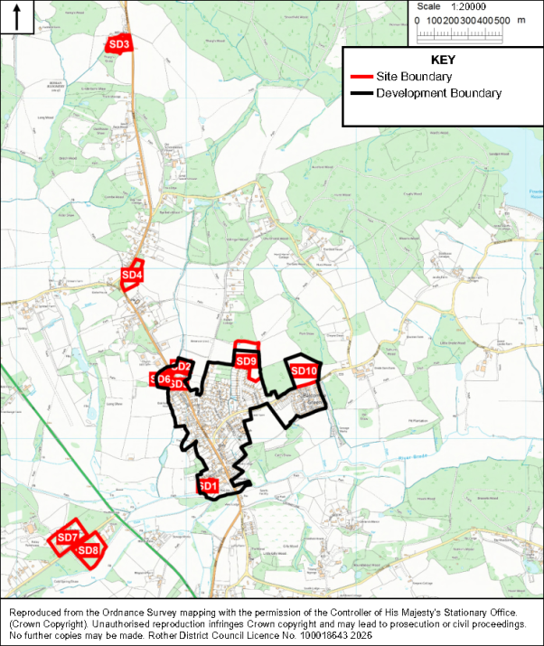 Map showing proposed development area and surrounding sites SD1–SD10 on a rural Ordnance Survey base map of Sedlescombe. Red outlines mark site boundaries, black outline marks main development boundary, with north arrow and 1:20,000 scale bar.

