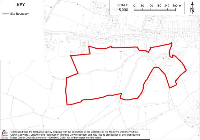 BX19 Site-boundary map showing a red outlined development area across fields and built-up land. Key identifies red boundary, while 1:5,000 scale bar and north arrow provide geographic reference.
