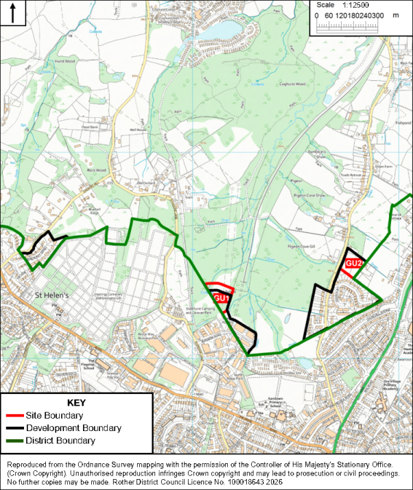 Ordnance Survey planning map shows proposed development sites near St Helens, with surrounding roads, housing, woodland, parks, and waterways. Red site boundaries label GU1 and GU2, black lines mark development boundaries, and a thick green line traces district boundary across map.