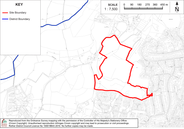 BX20 Map showing a proposed site boundary within surrounding rural and urban areas. Red outline marks site boundary, blue lines mark district boundaries, with 1:7,500 scale bar, north arrow, roads, fields, and dense housing visible.

